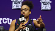 Oct 21, 2025; Kansas City, MO, USA; TCUís Olivia Miles speaks to media during Big 12 Womenís Basketball Media Day at T-Mobile Center. Mandatory Credit: Sophia Scheller-Imagn Images