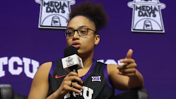 Oct 21, 2025; Kansas City, MO, USA; TCUís Olivia Miles speaks to media during Big 12 Womenís Basketball Media Day at T-Mobile Center. Mandatory Credit: Sophia Scheller-Imagn Images