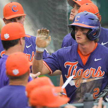 Clemson sophomore Nolan Nawrocki (2) scores during the bottom of the seventh inning of game 2 at Doug Kingsmore Stadium in Clemson Friday, May 3, 2024.