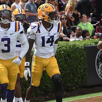 Louisiana State University cornerback Zy Alexander (14) intercepted a pass during the first quarter at Williams-Brice Stadium in Columbia, S.C. Saturday, September 14, 2024.