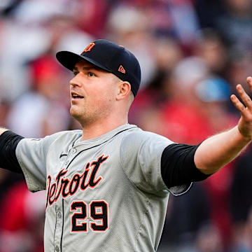 Detroit Tigers pitcher Tarik Skubal (29) celebrates after a double play against Cleveland Guardians in the sixth inning of Game 2 of ALDS at Progressive Field in Cleveland, Ohio on Monday, Oct. 7, 2024.