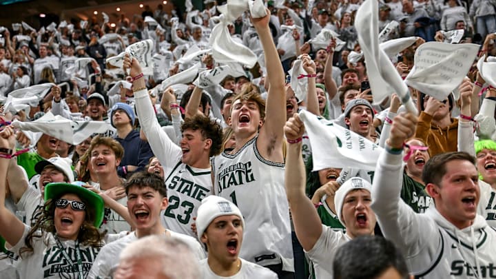 Michigan State fans cheer before the start of the game against Michigan on Friday, Jan. 30, 2026, at the Breslin Center in East Lansing.