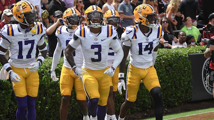 Louisiana State University cornerback Zy Alexander (14) intercepted a pass during the first quarter at Williams-Brice Stadium in Columbia, S.C. Saturday, September 14, 2024.