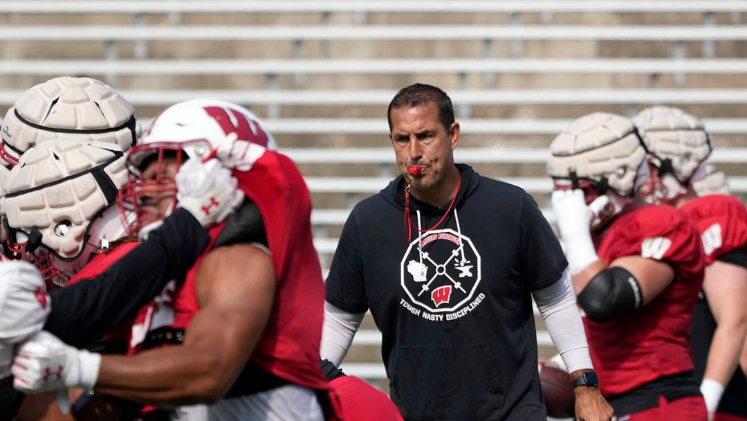 Wisconsin Badgers head coach Luke Fickell watches a drill during fall training camp at Camp Randall Stadium in Madison on Thursday, Aug. 10, 2023. Wisconsin Badgers head coach Luke Fickell watches a drill during fall training camp at Camp Randall Stadium in Madison on Thursday, Aug. 10, 2023.