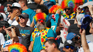 Some Jacksonville Jaguars fans dress up as clowns for the game against the Colts, protesting team owner Shad Khan's retaining general manager Trent Baalke, on Sunday, Jan. 9, 2022, at TIAA Bank Field in Jacksonville, Fla.