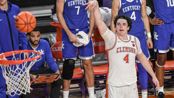 Dec 3, 2024; Clemson, South Carolina, USA; Clemson senior forward Ian Schieffelin (4) shoots a ball against Kentucky during the first half at Littlejohn Coliseum. Mandatory Credit: Ken Ruinard-Imagn Images