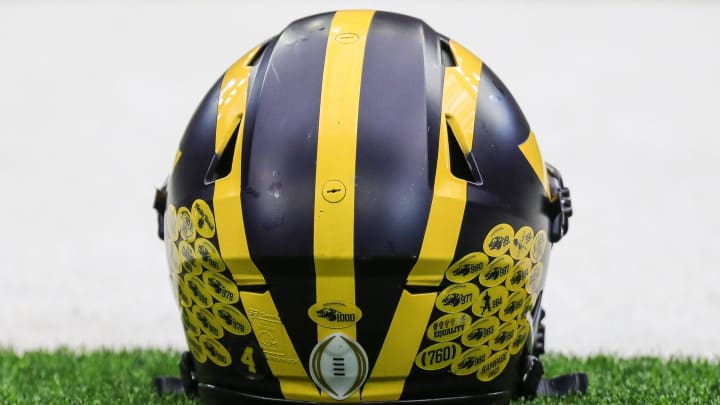 A Michigan football helmet on the sideline during open practice at NRG Stadium in Houston, Texas on Saturday, Jan. 6, 2024.