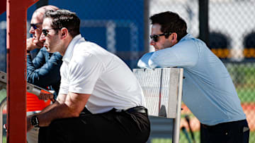 Detroit Tigers president of baseball operations Scott Harris watches on during spring training at TigerTown in Lakeland, Fla. on Wednesday, Feb. 21, 2024.