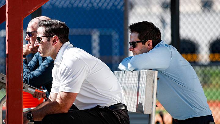 Detroit Tigers president of baseball operations Scott Harris watches on during spring training at TigerTown in Lakeland, Fla. on Wednesday, Feb. 21, 2024.