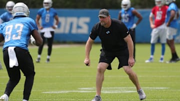 Detroit Lions head coach Dan Campbell takes part in drills during OTA practice Thursday, June 3, 2021, at the Allen Park practice facility.