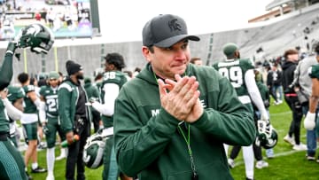 Michigan State's head coach Jonathan Smith leaves the file after the Spring Showcase on Saturday, April 20, 2024, at Spartan Stadium in East Lansing.