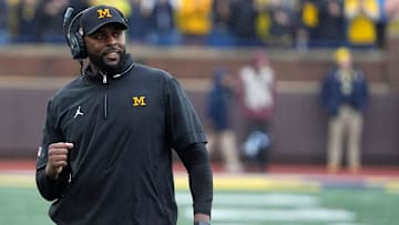 Michigan football coach Sherrone Moore celebrates a play during first-half action between Michigan and Minnesota at Michigan Stadium in Ann Arbor on Saturday, Sept. 28, 2024.