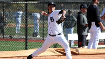 Detroit Tigers pitching prospect Keider Montero throws during spring training minor league minicamp