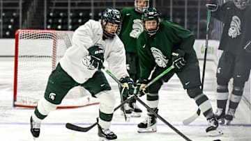 Michigan State's Griffin Jurecki moves the puck during hockey practice on Thursday, Sept. 25, 2025, at Munn Arena in East Lansing.