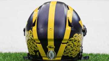 A Michigan football helmet on the sideline during open practice at NRG Stadium in Houston, Texas on Saturday, Jan. 6, 2024.