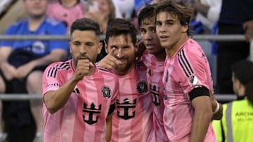 Lionel Messi (second from left) scored two goals during Inter Miami's return to MLS action.