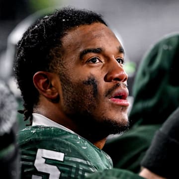Michigan State's Jordan Hall looks on form the sideline against Rutgers' during the fourth quarter on Saturday, Nov. 30, 2024, at Spartan Stadium in East Lansing.