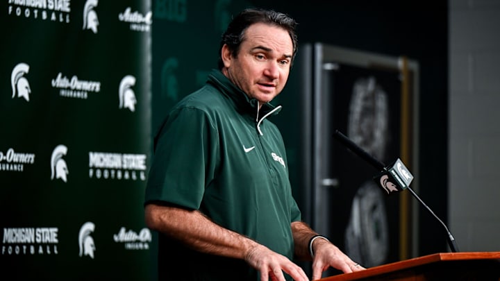 Michigan State coach Jonathan Smith talks the media on the first national signing day for college football recruits Wednesday, Dec. 4, 2024, at Spartan Stadium in East Lansing.