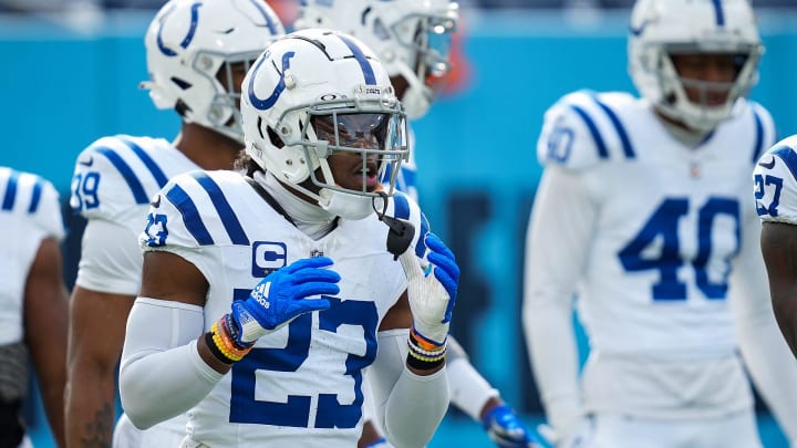 Indianapolis Colts cornerback Kenny Moore II (23) warms up Sunday, Dec. 3, 2023, before facing the Tennessee Titans at Nissan Stadium in Nashville, Tenn.