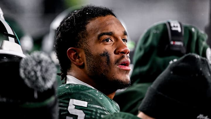 Michigan State's Jordan Hall looks on form the sideline against Rutgers' during the fourth quarter on Saturday, Nov. 30, 2024, at Spartan Stadium in East Lansing.