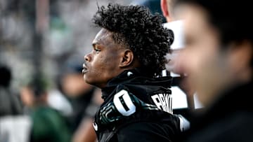 Michigan State's Charles Brantley looks on form the sideline after getting injured in the first half of the game against Indiana on Saturday, Nov. 2, 2024, at Spartan Stadium in East Lansing.