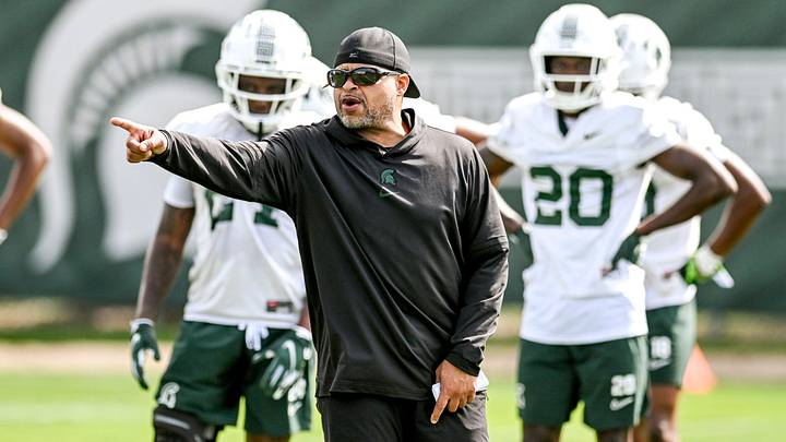 Michigan State's cornerbacks coach Demetrice Martin works with players during the first day of football camp on Tuesday, July 30, 2024, in East Lansing.