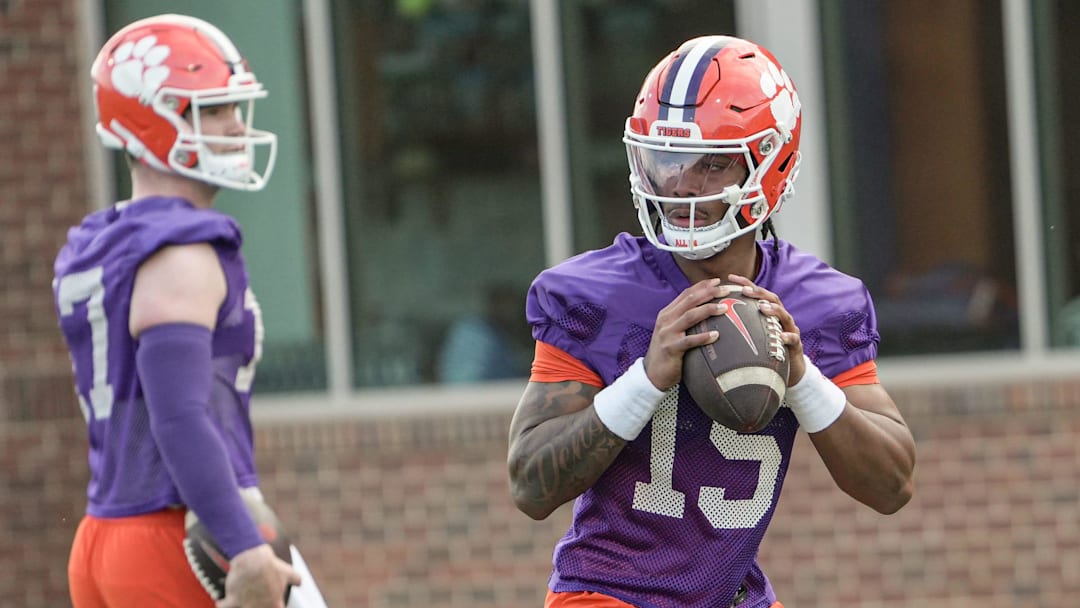Clemson quarterback Chris Denson (15) during the first Spring football practice open to media in Clemson, SC Friday, Feb 27, 2026.