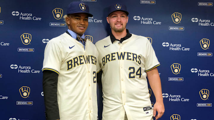 Braylon Payne, left, and Blake Burke, right, pose for a photo at at American Family Field in Milwaukee on Tuesday, July 23, 2024.
