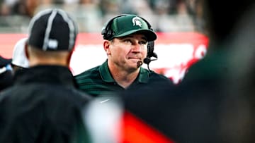 Michigan State's head coach Jonathan Smith looks on during the second quarter in the game against Florida Atlantic on Friday, Aug. 30, 2024, at Spartan Stadium in East Lansing.