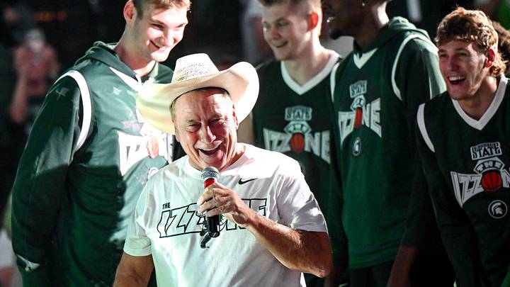 Michigan State men's basketball head coach Tom Izzo wears Gehrig Normand's cowboy hat during the Michigan State Madness event on Friday, Oct. 4, 2024, at the Breslin Center in East Lansing.