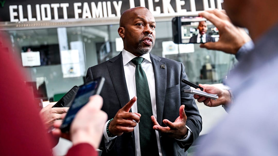 Michigan State Athletic Director Alan Haller talks with the media during new volleyball coach Kristen Kelsay's introductory press conference on Wednesday, Jan. 8, 2025, at the Breslin Center in East Lansing.
