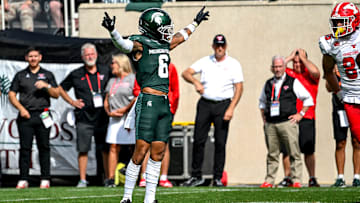 Michigan State's Ade Willie celebrates after breaking up a Youngstown State pass during the first quarter on Saturday, Sept. 13, 2025, at Spartan Stadium in East Lansing.