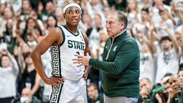 Michigan State's coach Tom Izzo, right, talks with Jeremy Fears Jr. during the first half against Colgate on Monday, Nov. 3, 2025, at the Breslin Center in East Lansing.