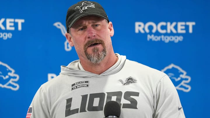 Detroit Lions head coach Dan Campbell speaks to members of the media at the Detroit Lions practice facility in Allen Park.