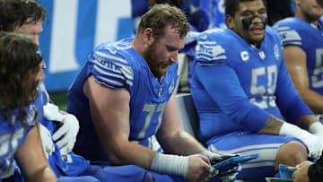 Detroit Lions center Frank Ragnow (77) on the sidelines during action against the Atlanta Falcons Sunday, Sept. 24 2023.