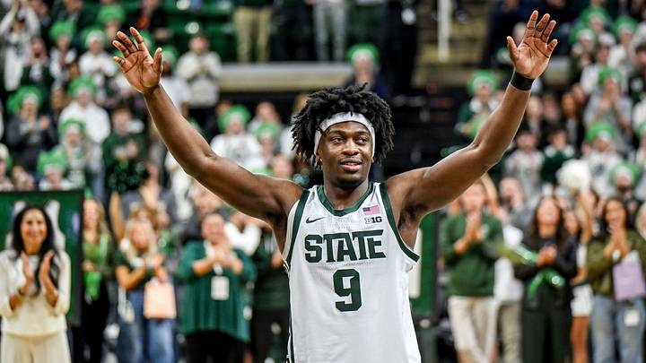 Michigan State's Trey Fort acknowledges the fans during the senior night ceremony after the Spartans win over Rutgers on Thursday, March 5, 2026, at the Breslin Center in East Lansing.