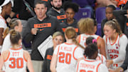 Nov 4, 2024; Clemson, SC, USA; Clemson Coach Shawn Poppie with the team playing Jackson State University during the fourth quarter at Littlejohn Coliseum in Clemson, S.C. Monday, Nov 4, 2024.  Mandatory Credit: Ken Ruinard/USA TODAY Network via Imagn Images 