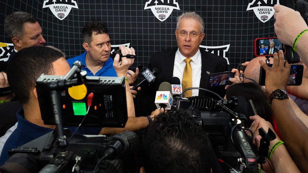 University of Central Florida Head Coach Gus Malzahn speaks with the press after his press conference on the second day of Big 12 Media Days in AT&T Stadium in Arlington, Texas, July 13, 2023.