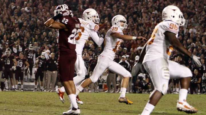 Nov 24, 2011; College Station, TX; Texas Longhorns kicker Justin Tucker (19) celebrates the game-winning 40-yard field goal.