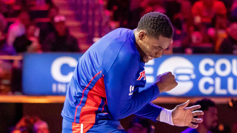 Detroit Pistons Jalen Duren (0) jumps in the air after getting introduced before the game against the Los Angeles Lakers.