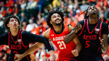 Colorado State's Rashaan Mbemba gets boxed out for a rebound during a game against San Diego State. 
