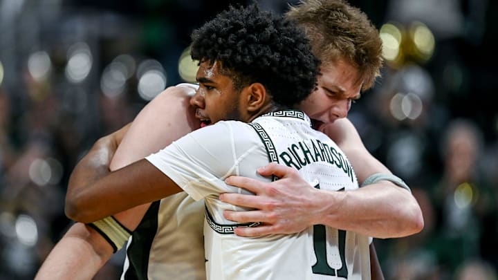 Michigan State's Jase Richardson, left, hugs Jaxon Kohler after the Spartans win over Wisconsin on Sunday, March 2, 2025, at the Breslin Center in East Lansing.