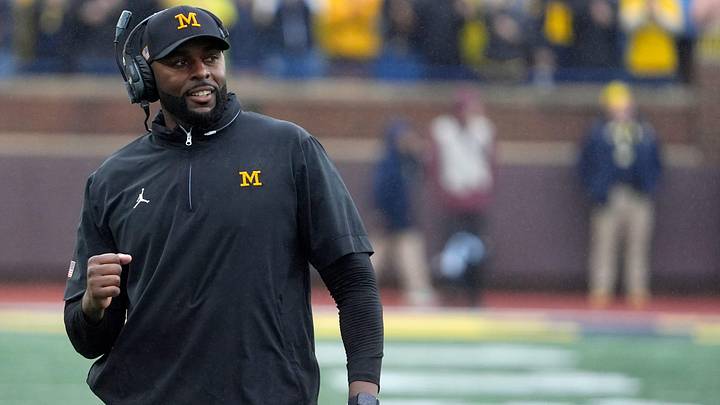 Michigan football coach Sherrone Moore celebrates a play during first-half action between Michigan and Minnesota at Michigan Stadium in Ann Arbor on Saturday, Sept. 28, 2024.