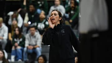Michigan State head womens coach Robyn Fralick coaches her Spartans against the Washington Huskies, Sunday, Jan. 12, 2025, at the Breslin Center in East Lansing. MSU won 80-68.