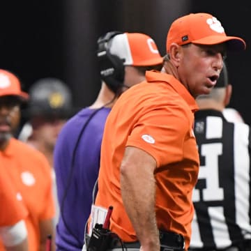 Aug 31, 2024; Atlanta, Georgia, USA; Clemson Tigers head coach Dabo Swinney reacts after officials reversed a pass interference call against the Georgia Bulldogs during the second quarter of the 2024 Aflac Kickoff Game at Mercedes-Benz Stadium.