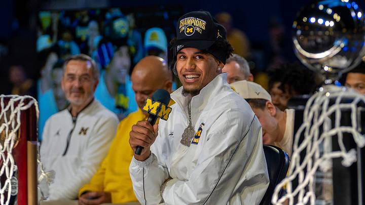 Michigan Wolverines player Yaxel Lendeborg speaks during a celebration honoring the team’s NCAA men’s basketball national championship at Crisler Center in Ann Arbor on Saturday, April 11, 2026.
