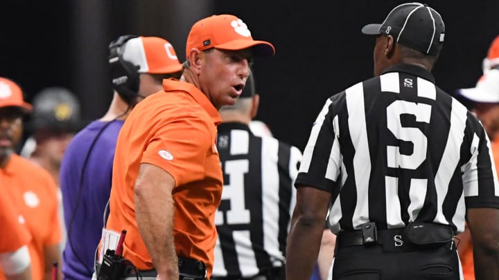 Aug 31, 2024; Atlanta, Georgia, USA; Clemson Tigers head coach Dabo Swinney reacts after officials reversed a pass interference call against the Georgia Bulldogs during the second quarter of the 2024 Aflac Kickoff Game at Mercedes-Benz Stadium.