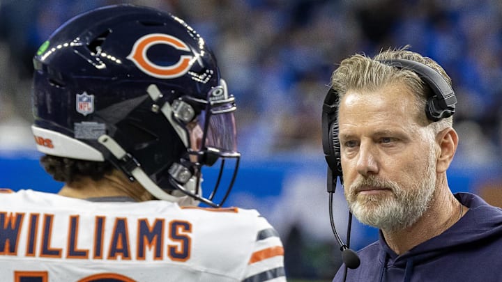 Bears head coach Eberflus talks to quarterback Williams on the sidelines during the second half against the Detroit Lions at Ford Field. 