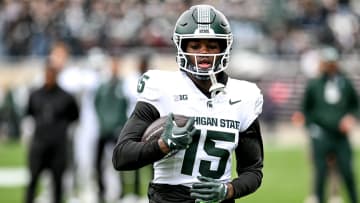 Michigan State's Nick Marsh participates in a drill during the Spring Showcase on Saturday, April 20, 2024, at Spartan Stadium in East Lansing.