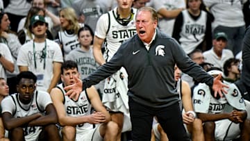 Michigan State's head coach Tom Izzo yells at a referee after a no call on Jaxon Kohler during the second half in the game against Monmouth on Monday, Nov. 4, 2024, at the Breslin Center in East Lansing.